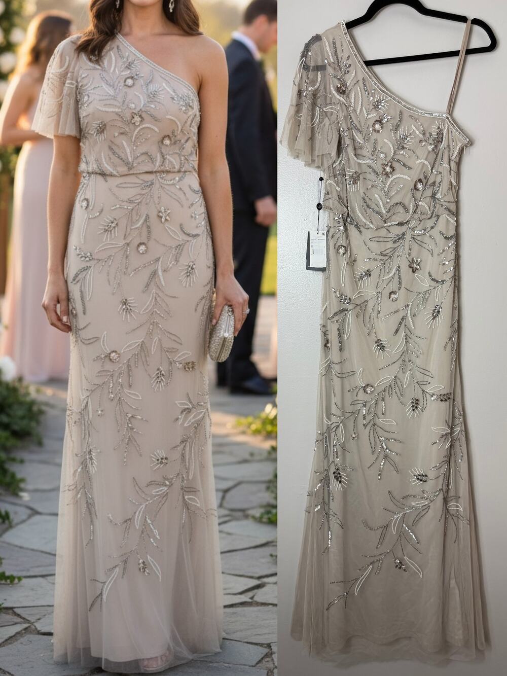NWT Adrianna Papell Dress 4 Sequin Beaded Wedding Guest One Shoulder Gown Beige
